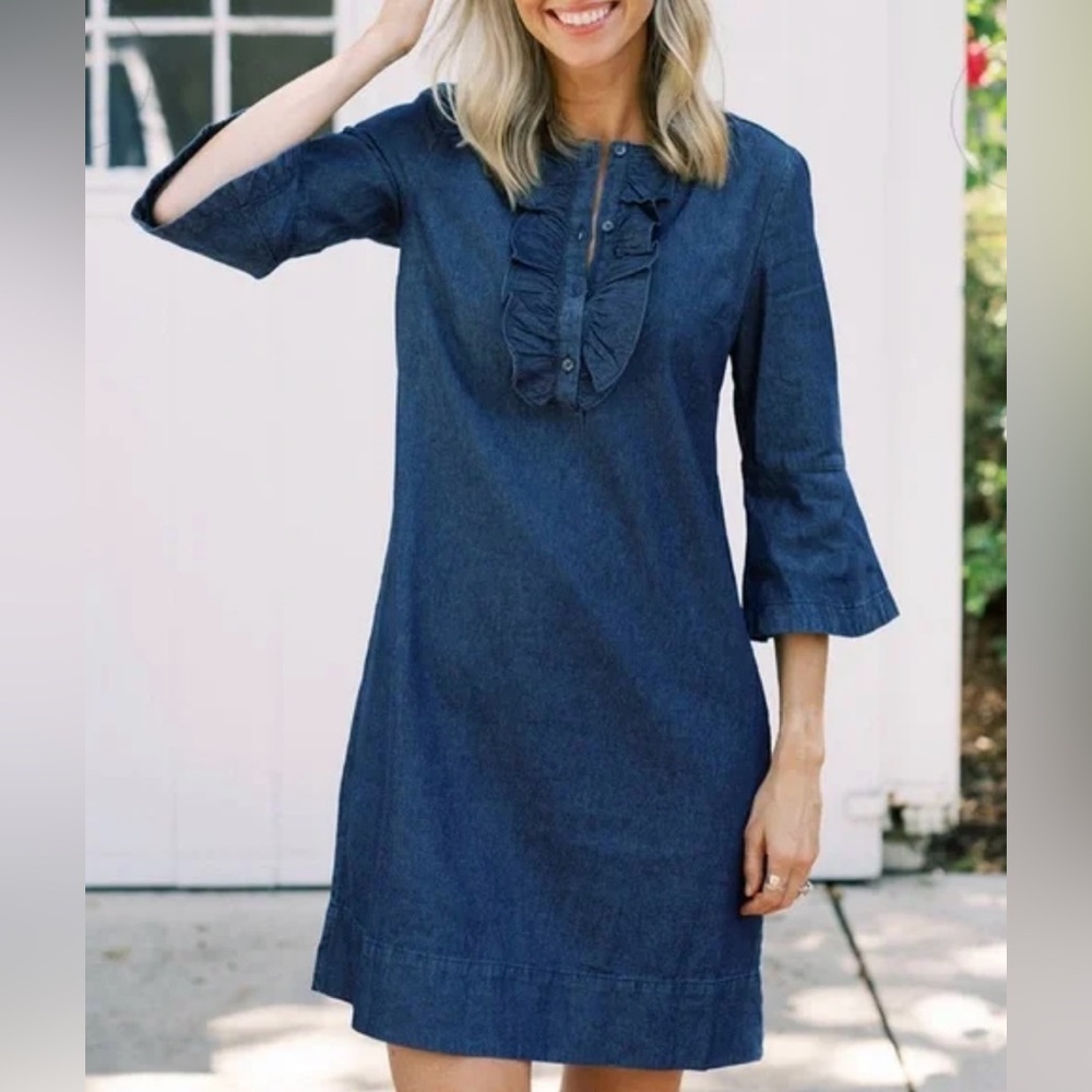 Draper James med wsh denim drss w bell slvs & ruffle bib SZ 18 preppy
